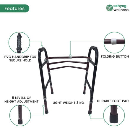 Sahyog Wellness Height Adjustable Folding Walker For Adults | Made In India (Black)