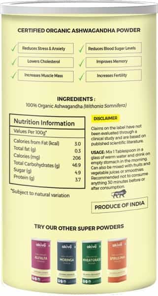 Akiva Superfoods Ashwagandha Root Vegan Supplement Powder Bottle Of 100 G