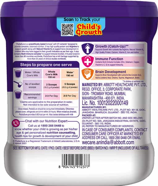 Pediasure New Vital Nutrients To Help Kids Growth For 2-6 Years Old Vanilla Jar Of 400 Gm