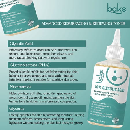 Bake 10% Glycolic Acid Resurfacing Toner For Smooth | Bright & Even Skin Tone-200Ml