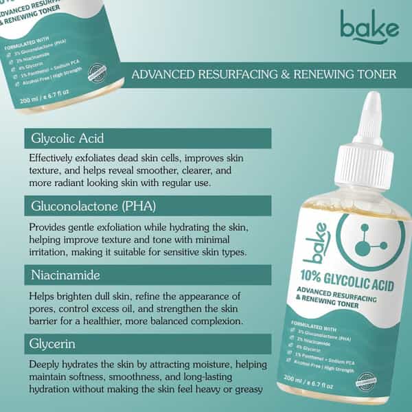 Bake 10% Glycolic Acid Resurfacing Toner For Smooth | Bright & Even Skin Tone-200Ml