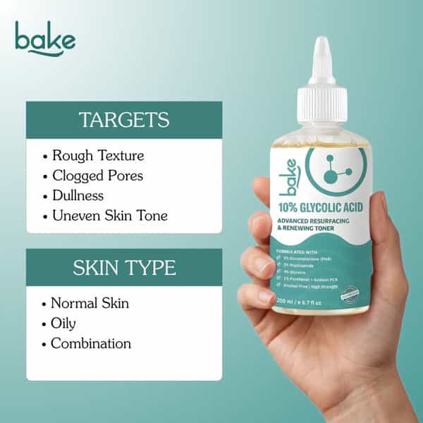 Bake 10% Glycolic Acid Resurfacing Toner For Smooth | Bright & Even Skin Tone-200Ml