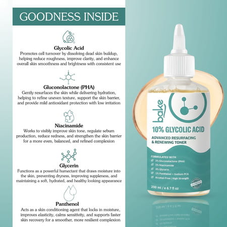 Bake 10% Glycolic Acid Resurfacing Toner For Smooth | Bright & Even Skin Tone-200Ml