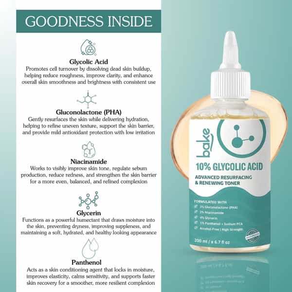 Bake 10% Glycolic Acid Resurfacing Toner For Smooth | Bright & Even Skin Tone-200Ml