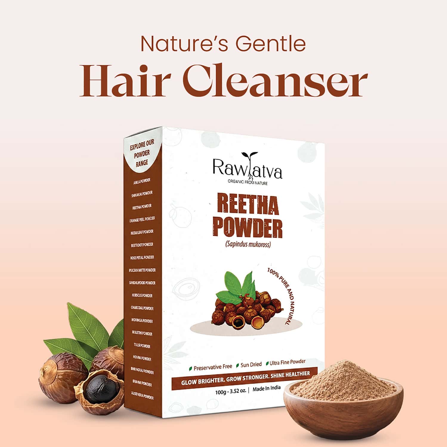 Raw Tatva Reetha Powder For Hair Cleansing| Scalp Purification & Natural Shine | 100g