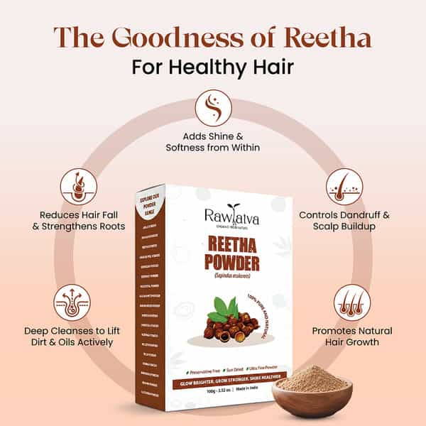 Raw Tatva Reetha Powder For Hair Cleansing| Scalp Purification & Natural Shine | 100G