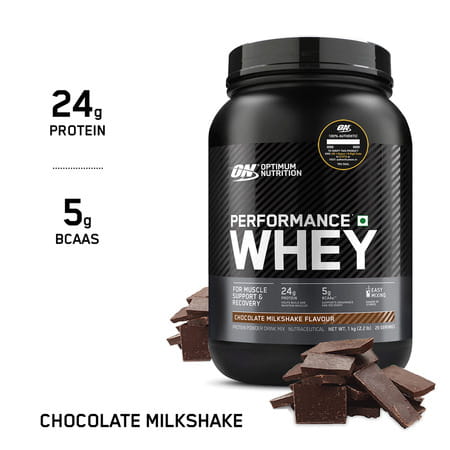 Optimum Nutrition (On) Performance Whey | Chocolate Milkshake Flavour | Powder | Jar | 1 Kg