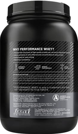 Optimum Nutrition (On) Performance Whey | Chocolate Milkshake Flavour | Powder | Jar | 1 Kg