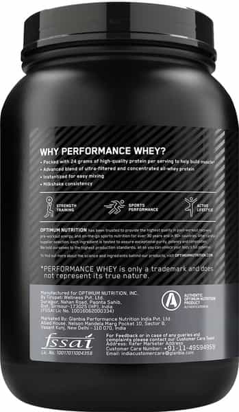 Optimum Nutrition (On) Performance Whey | Chocolate Milkshake Flavour | Powder | Jar | 1 Kg