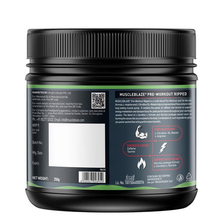 Muscleblaze Pre Workout Ripped (Green Apple | 27 Servings | 250G) | 4000Mg Citrulline