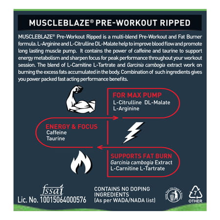 Muscleblaze Pre Workout Ripped (Green Apple | 27 Servings | 250G) | 4000Mg Citrulline