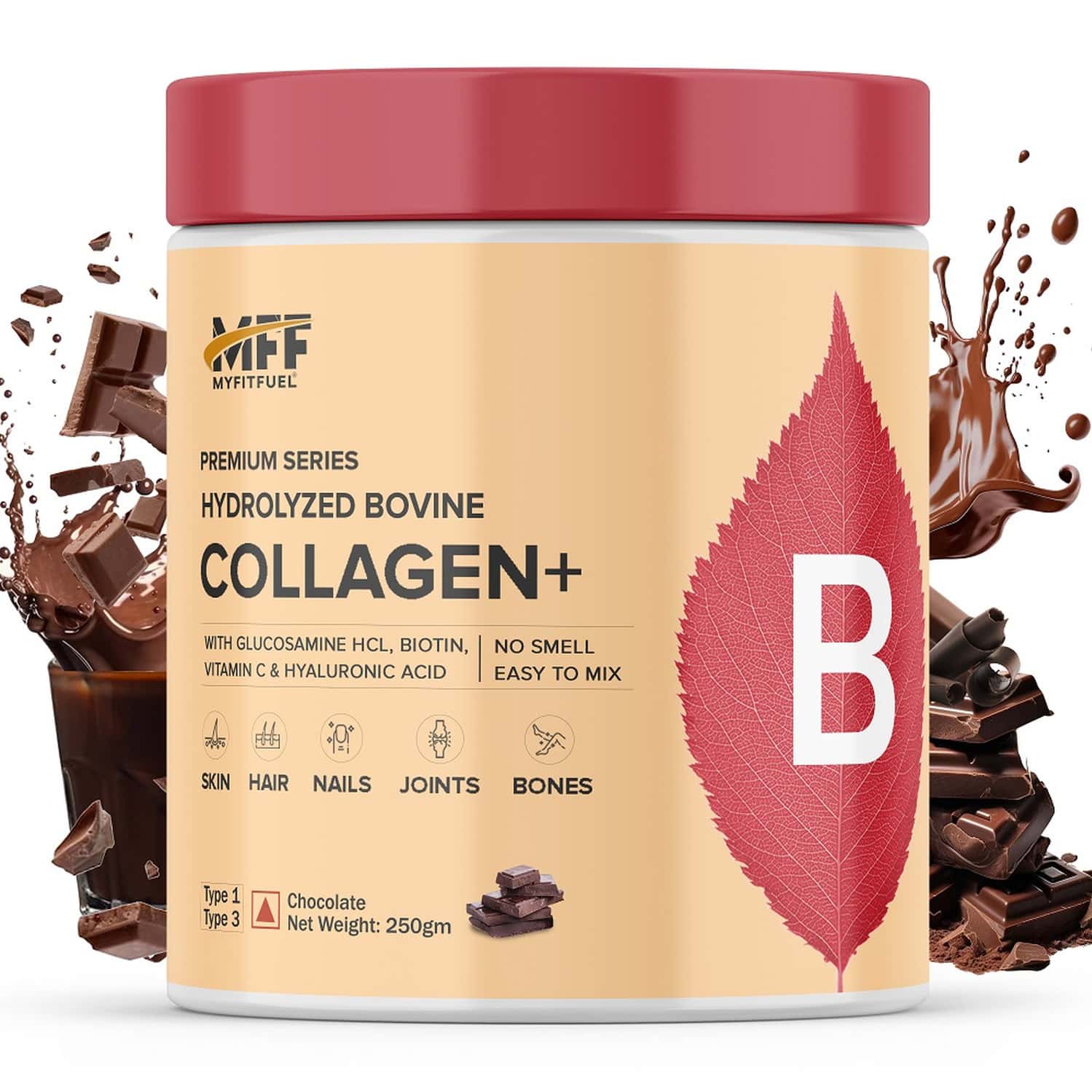 Myfitfuel Hydrolyzed Bovine Collagen + Glucosamine, Hyaluronic, Biotin, Vitamin C (250g, Chocolate)