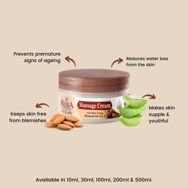 Rosa Massage Cream With Aloevera,Almond & Vitamin - E I Moisturizing ,Reduce Dryness I Pack 2*100Ml