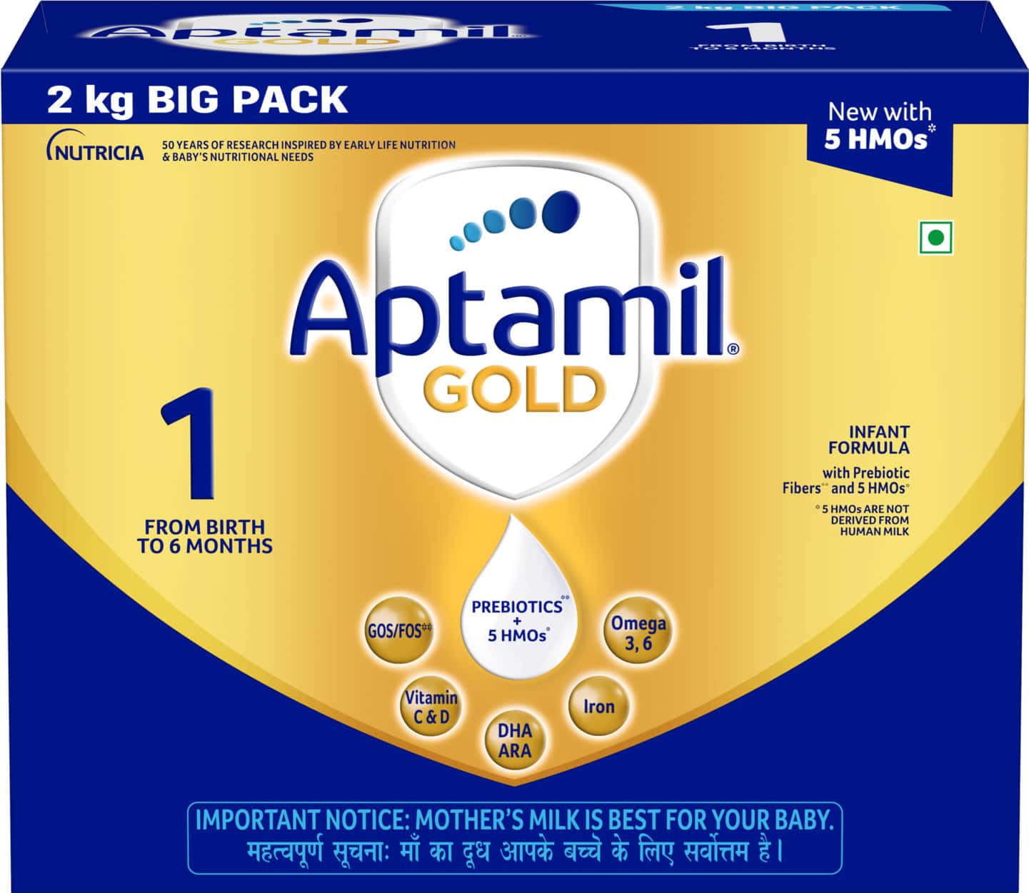 Aptamil Gold Infant Formula Milk Powder For Babies Stage 1 (Upto 6 Months) With 5 Hmos & Dha Box 2kg