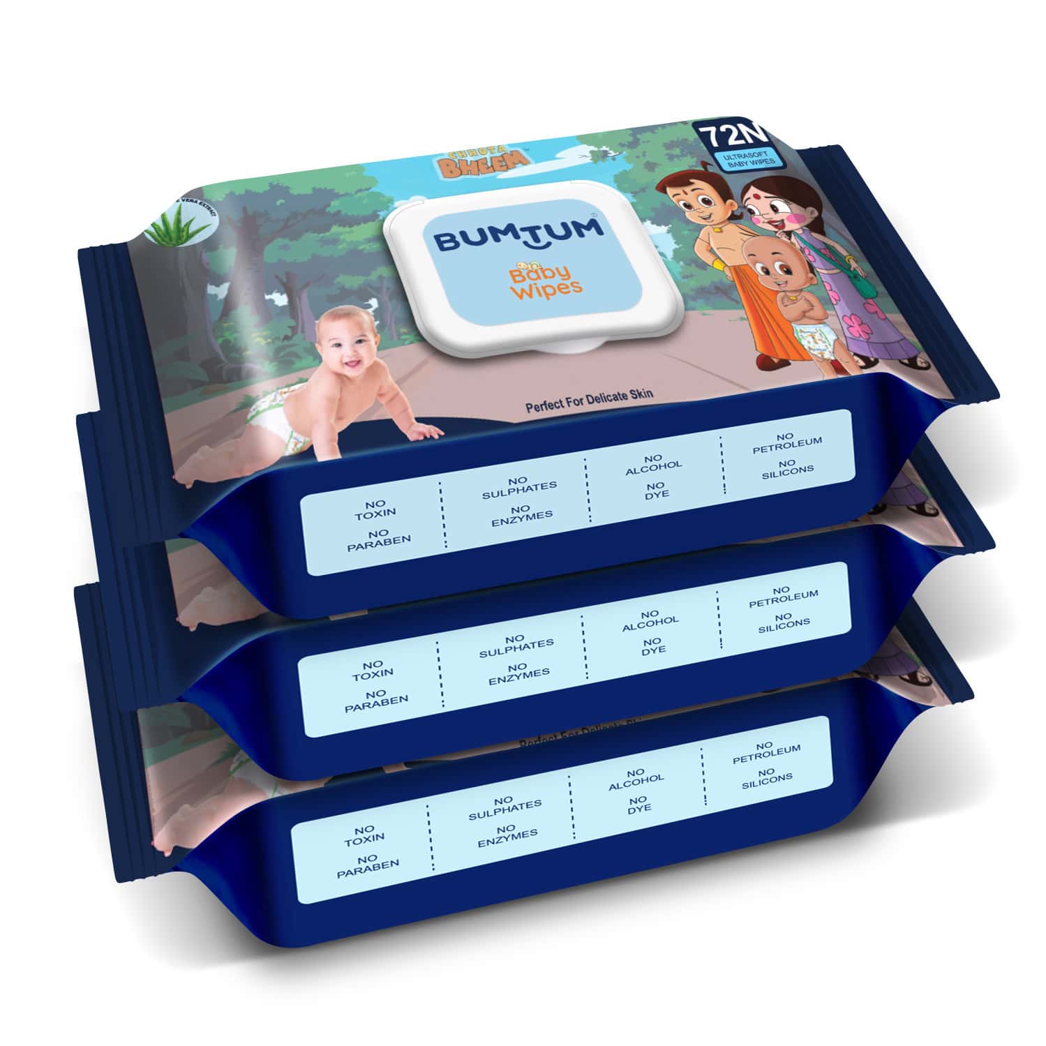 Bumtum Baby Chota Bheem Wet Wipes With Lid Aloe Vera | Paraben Free(Pack Of 3 | 72 Pcs.Per Pack)