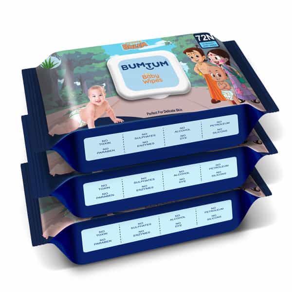Bumtum Baby Chota Bheem Wet Wipes With Lid Aloe Vera | Paraben Free(Pack Of 3 | 72 Pcs.per Pack)