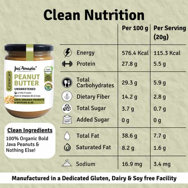Jus Amazin Crunchy Organic Peanut Butter Unsweetened-500G|Clean Nutrition |100% Organic Peanuts