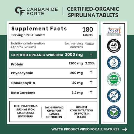 Carbamide Forte 100% Organic Spirulina Tablets 2000mg Per Serving - 180 Tablets