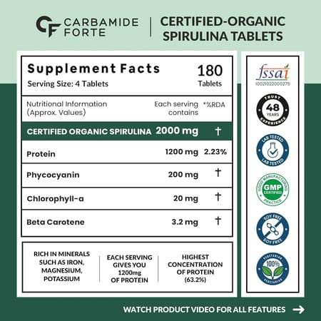 Carbamide Forte 100% Organic Spirulina Tablets 2000mg Per Serving - 180 Tablets
