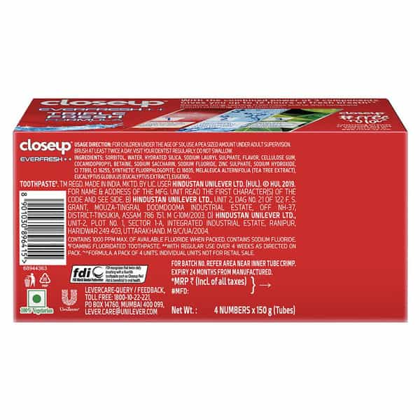 Closeup Toothpaste|With 3X Freshness |Upto 12 Hrs Fresh Breath & White Teeth 150G*4 -600G