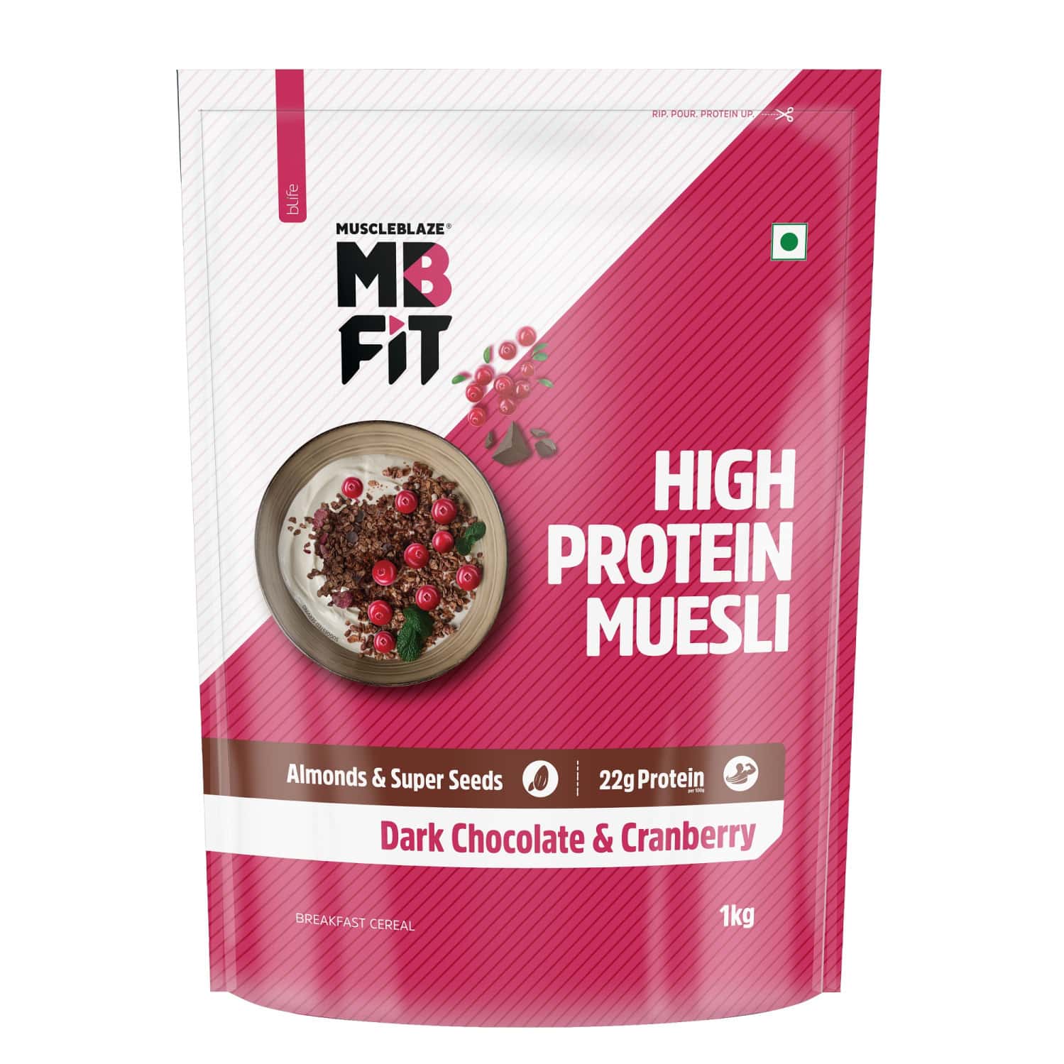 Muscleblaze Fit High Protein Muesli 1 Kg | Dark Chocolate & Cranberry | Protein Breakfast Cereals