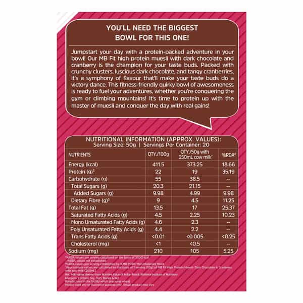 Muscleblaze Fit High Protein Muesli 1 Kg | Dark Chocolate & Cranberry | Protein Breakfast Cereals