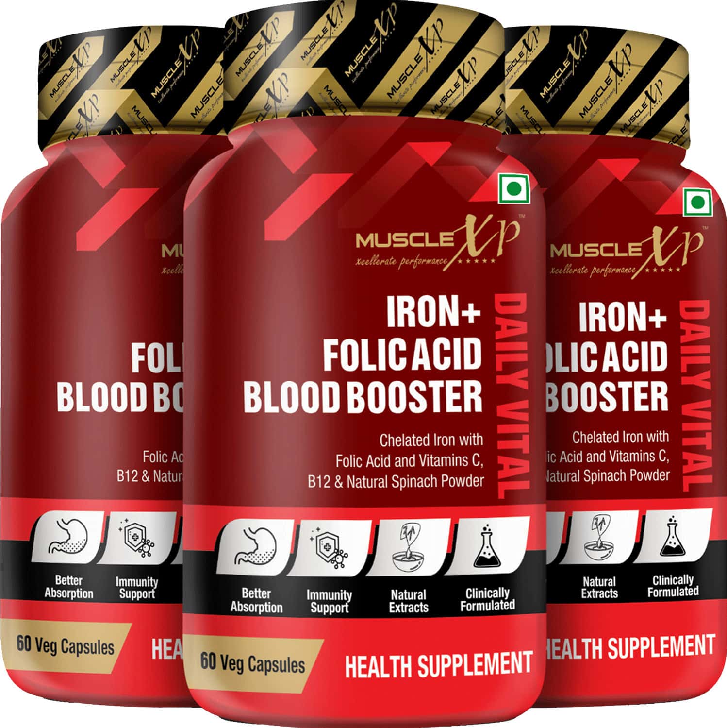 Musclexp Iron + Folic Acid Blood Booster Daily Vital 60 Veg Capsules (Pack Of 3)