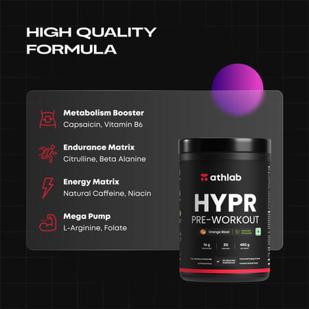 Athlab Hypr Pre Workout | Naturally Flavoured & Sweetened With Monk Fruit | Orange - 480g