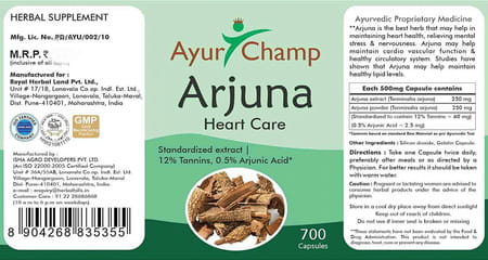 Ayur Champ - Pack Of 5 - Arjuna Capsules 500mg - 700 Capsules Value Pack