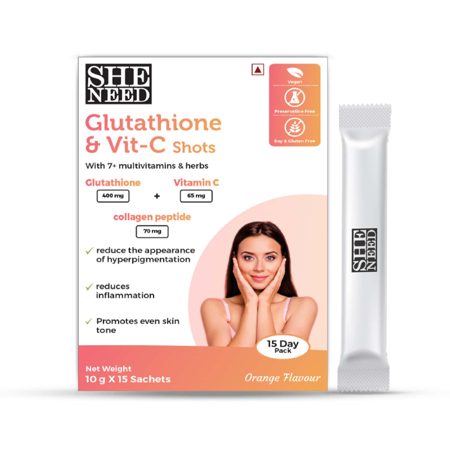 Sheneed Glutathione & Vitamin C Shots|radiant Skin|anti-oxidant|orange Flavour|10g X 15n