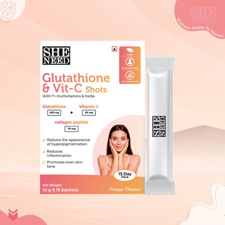 Sheneed Glutathione & Vitamin C Shots|Radiant Skin|Anti-Oxidant|Orange Flavour|10g X 15n