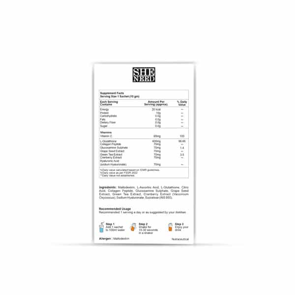 Sheneed Glutathione & Vitamin C Shots|Radiant Skin|Anti-Oxidant|Orange Flavour|10G X 15N