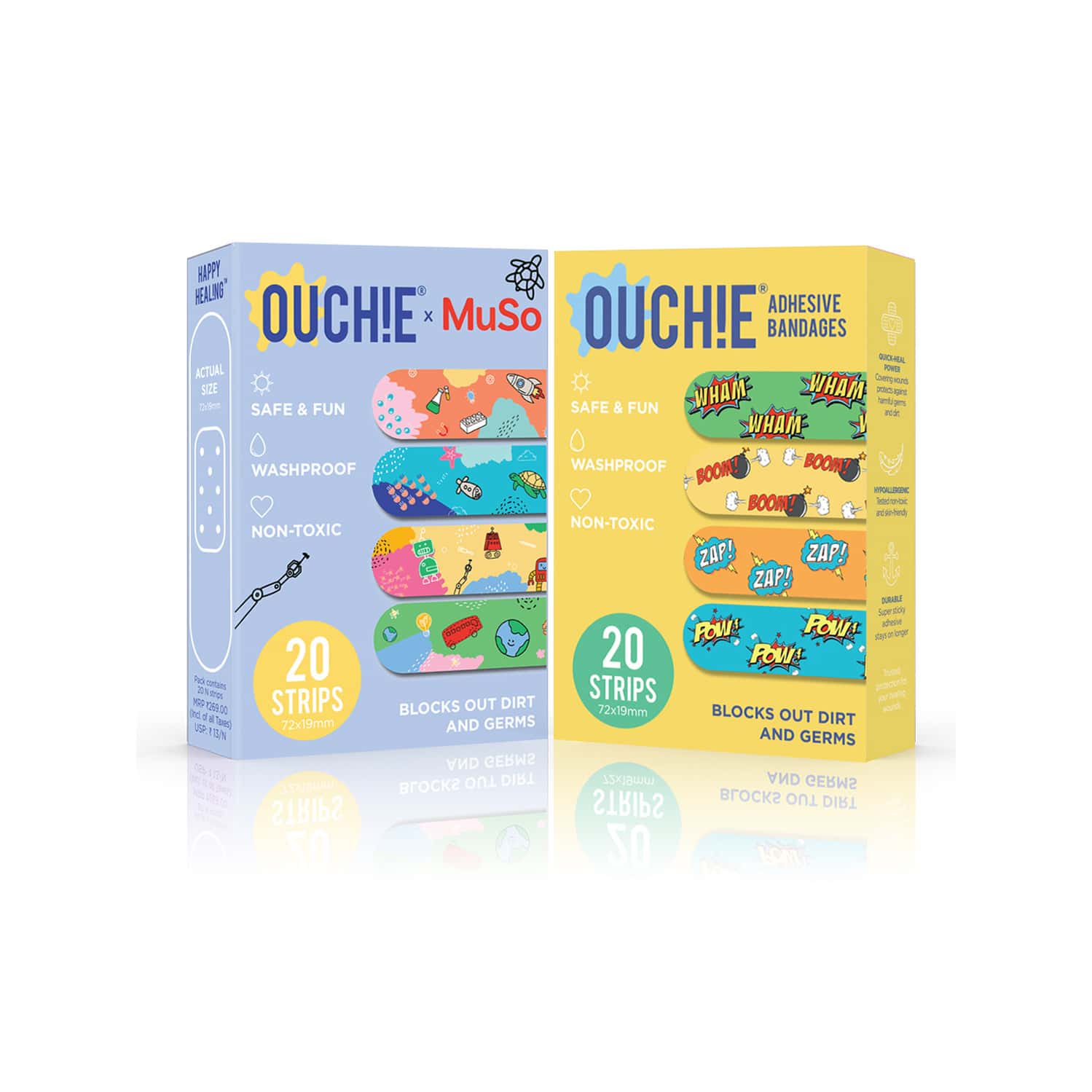 Ouchie Non-Toxic Printed Bandages Double Combo (40 Pack) - Ouchie X Muso & Yellow
