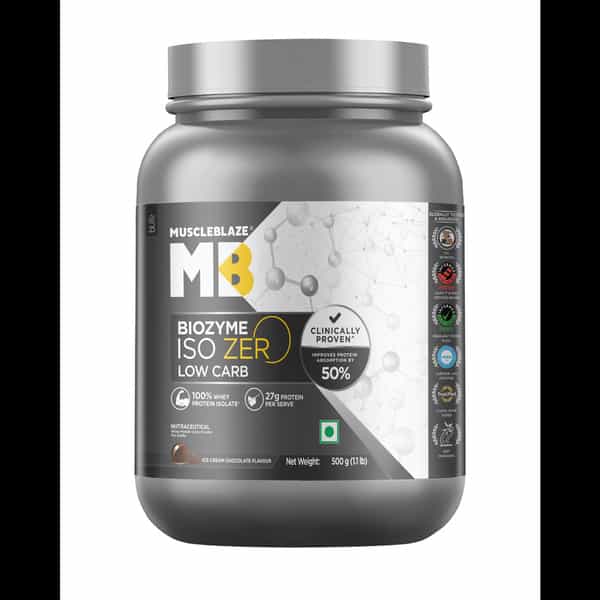 Muscleblaze Biozyme Iso-Zero| Low Carb Whey Protein Isolate Powder| Ice Cream Chocolate (500G)