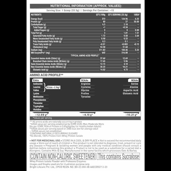Muscleblaze Biozyme Iso-Zero| Low Carb Whey Protein Isolate Powder| Ice Cream Chocolate (500G)