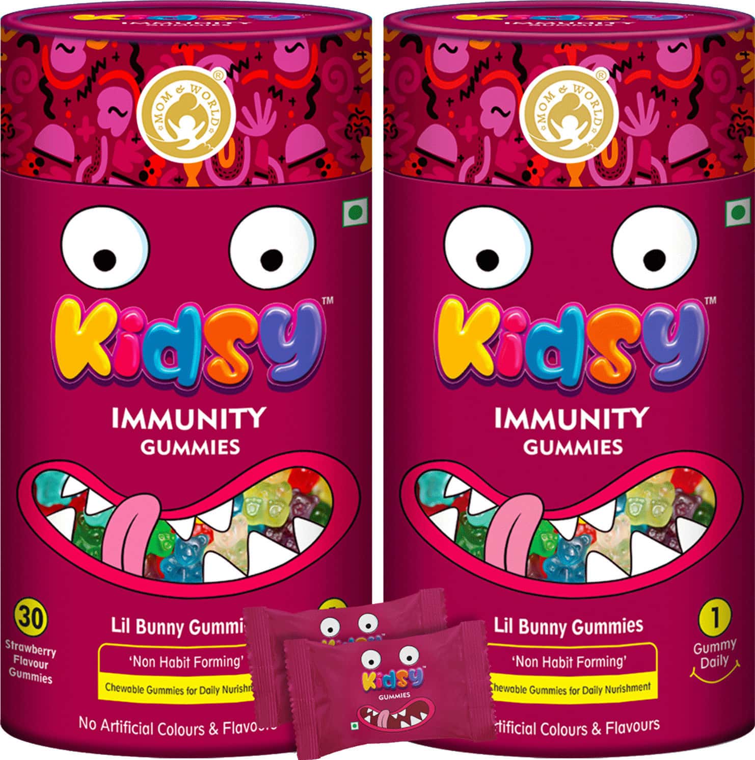Mom & World Kidsy Immunity Gummies For Kids Chewable Gummies- 30 (Strawberry Flavour) (Pack Of 2)