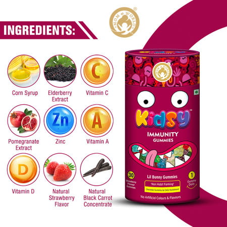 Mom & World Kidsy Immunity Gummies For Kids Chewable Gummies- 30 (Strawberry Flavour) (Pack Of 2)