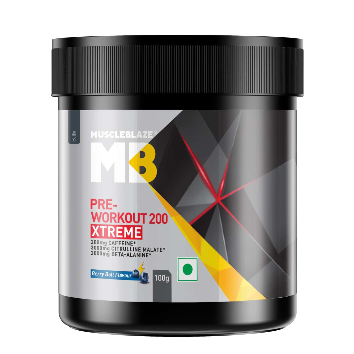 Muscleblaze Pre Workout 200 Xtreme (berry Bolt | 15 Servings | 100g ) | 200mg Caffeine