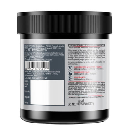 Muscleblaze Pre Workout 200 Xtreme (Berry Bolt | 15 Servings | 100G ) | 200Mg Caffeine