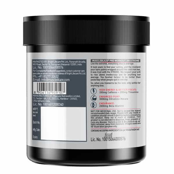 Muscleblaze Pre Workout 200 Xtreme (Berry Bolt | 15 Servings | 100G ) | 200Mg Caffeine