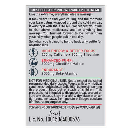 Muscleblaze Pre Workout 200 Xtreme (Berry Bolt | 15 Servings | 100G ) | 200Mg Caffeine