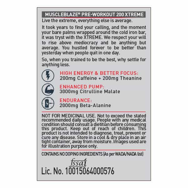Muscleblaze Pre Workout 200 Xtreme (Berry Bolt | 15 Servings | 100G ) | 200Mg Caffeine