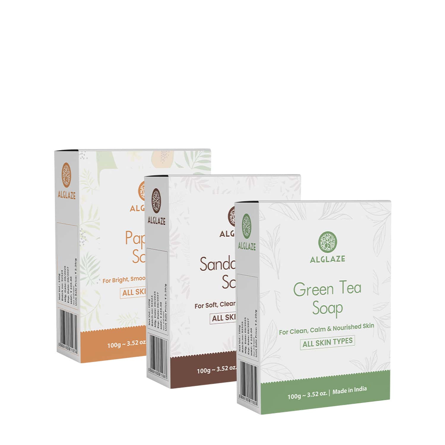 Alglaze Soap Combo - Sandalwood| Green Tea & Papaya | Nourishes| Brightens & Refreshes | 3 X 100g