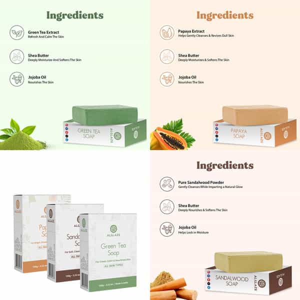 Alglaze Soap Combo - Sandalwood| Green Tea & Papaya | Nourishes| Brightens & Refreshes | 3 X 100G