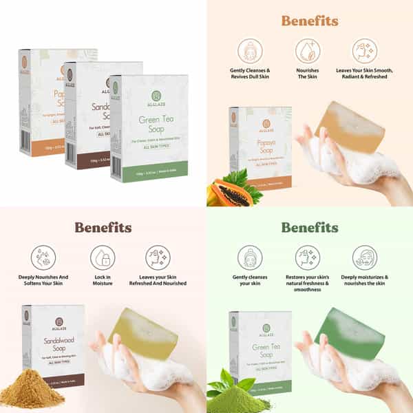 Alglaze Soap Combo - Sandalwood| Green Tea & Papaya | Nourishes| Brightens & Refreshes | 3 X 100G