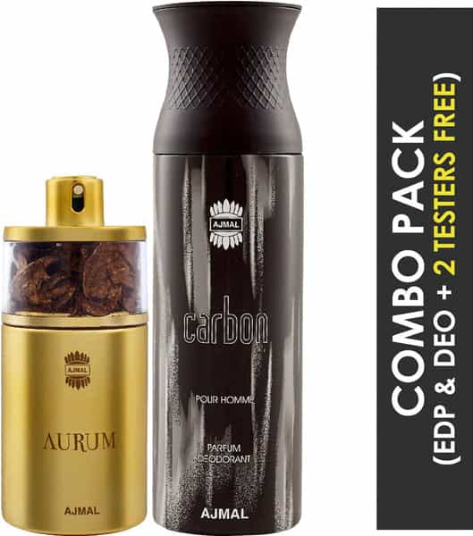 Ajmal Aurum Eau De Parfum 75Ml Perfume For Women And Carbon Homme Deodorant 200Ml For Men