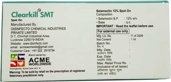 Clearkill Smt Selamectin 12% Spot On For Flea Ear Mite Roundworm -1 Ml