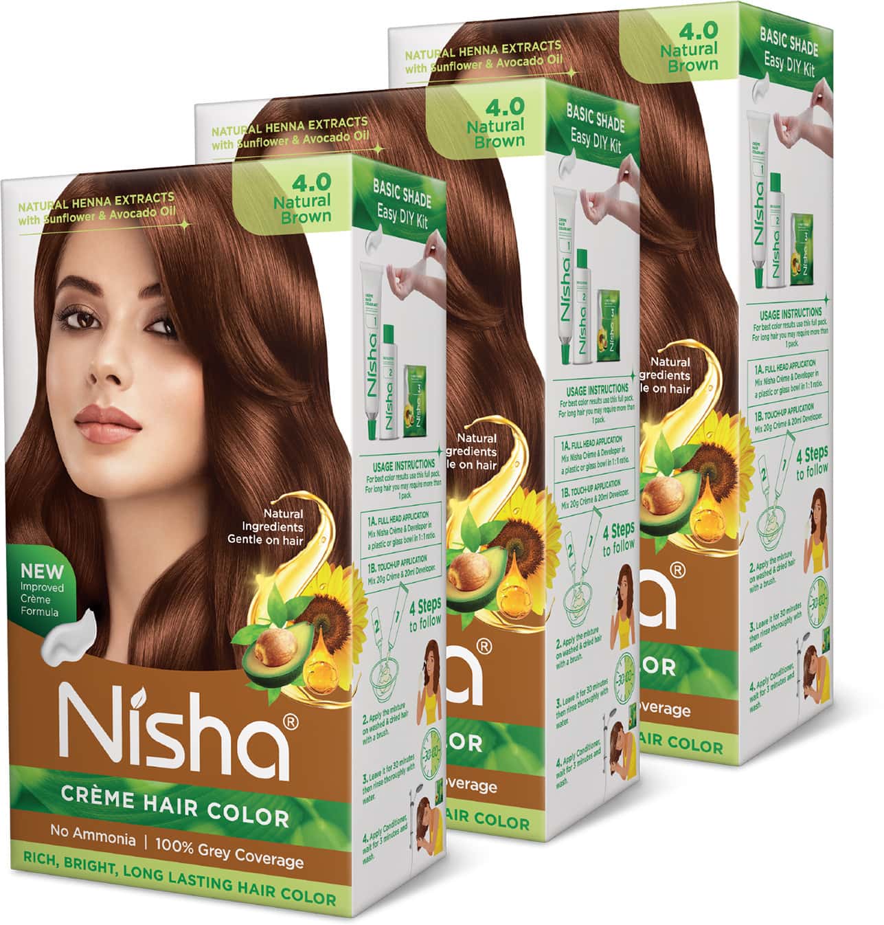 Nisha Creme Hair Color 4.0 Natural Brown 120g Pack Of 3 Ammonia Free Hair Colour, 100% Grey Coverage