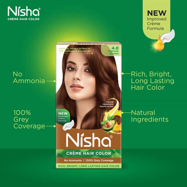 Nisha Creme Hair Color 4.0 Natural Brown 120G Pack Of 3 Ammonia Free Hair Colour, 100% Grey Coverage