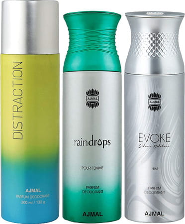 Ajmal 1 Distraction For Unisex 1 Raindrops For Women 1 Evoke Silver For Men Deo Combo Pack 3 -600ml